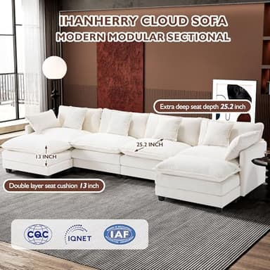 Ihanherry 146" U-Shaped Modern Sofa Modular Sectional Cloud Couch with 2 Ottoman, 6-Seat Chenille Deep Seat Sofa with 6 Pillows for Living Room, Bedroom and Apartment, Beige - Image 2
