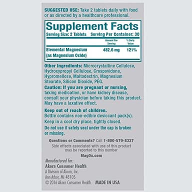 Mag-Ox Magnesium Supplement, Pharmaceutical Grade Magnesium Oxide 483mg, Most Concentrated Form of Magnesium, 120 Tablets - Image 2