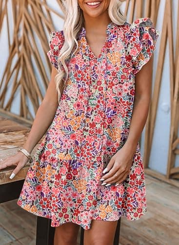 Dokotoo Floral Dress for Women Spring Summer 2025 Trendy Ruffle Cap Short Sleeve V-Neck Pockets Lightweight Tunic Dresses Boho Mini Short Beach Vacation Clothes for Women Multicolor Large - Image 4