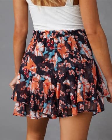 Aoudery Flowy Shorts for Women Casual Boho Floral Skorts Ruffle Mini Skirts Running Tennis Butterfly Chiffon Shorts- Black Orange Floral L - Image 2