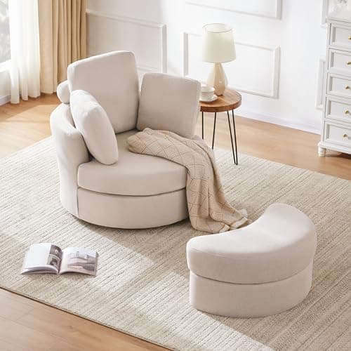 Huatean Home 39” Swivel Accent Barrel Chairs with Removable Headrest, Chaise Lounge Indoor with Neck Support Pillow, Swivel Chairs for Living Room, Oversized Chair with Ottoman, Beige - Image 1