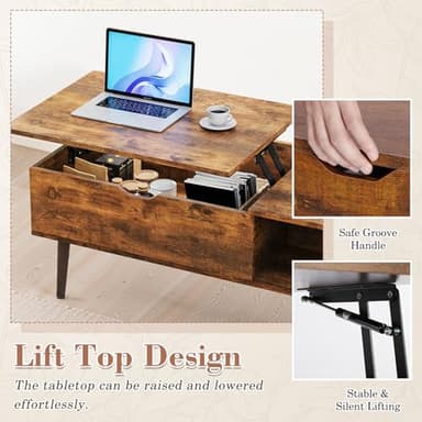 OLIXIS Wooden Coffee Table, Lift Top Coffee Table with Large Hidden Compartment and Ample Storage Shelf, Lift Tabletop Dining Table for Living Room, Home Small Space, Rustic - Image 3