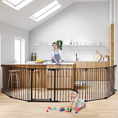 COMOMY 150" Extra Wide Baby Gate with Door, Dog Gates for The House Doorways Fireplace, Auto Close Baby Fence Play Area, Walk Through Pet Gate, Hardware Mounted Baby Gate, 6-Panels (30" Tall, Black) - Image 1