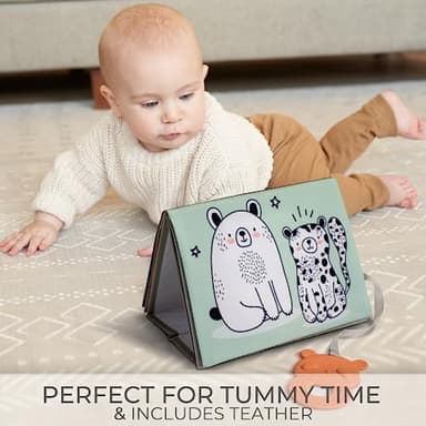 Soft Tummy Time Book w/ Large Stimulating Baby Safe Mirror - Fun High Contrast Montessori Toy w/ Mirror, Crinkle Filling & Silicone Teether - The Perfect Toy For Safe Early Newborn/Infant Development - Image 2