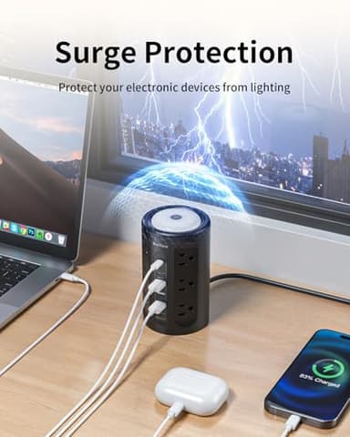 AnnTane Power Strip Tower with Night Light, Power Strip Surge Protector with USB Ports, Extension Cord 10 FT with Multiple Outlets (12AC+3A+2C) for Home Office Desk DormRoom (Black) - Image 7