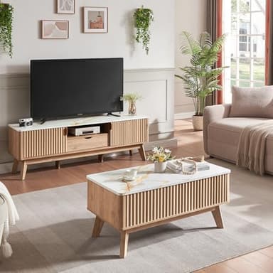 Auzonimics Lift Top Coffee Table with Faux Marble Tabletop, Mid Century Modern Coffee Table for Living Room,Wooden Fluted Rising Pull up Entertainment Center with Hidden Storage Drawer for Office, Oak - Image 3