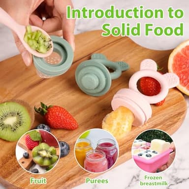 Bessentials Baby Fresh Fruit Food Feeder - 2 Pack Silicone Mesh Feeders for Infant Safe Self Feeding |3 Sizes Food Pouches Included| Suitable for Baby 4m+ (Light Pink & Grass Green) - Image 3