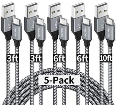 etguuds USB A to USB C Cable 5-Pack (3/3/6/6/10 ft), Fast Charging Type C Charger Cord for iPhone 16 15 Pro/Pro Max/Plus, for Samsung Galaxy S24 S23 S22 S21 S20 S10 A55 A54 Flip, Pixel, Moto G, Gray - Image 1