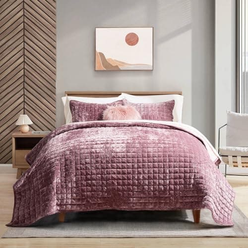 RECYCO Luxury Velvet Quilt Set Full Queen Size, Lightweight Velvet Comforter Set, Oversized Bedspread Coverlet Quilted Bedding Set, with 2 Matching Pillow Shams, for All Season, Dusty Mauve Pink - Image 1