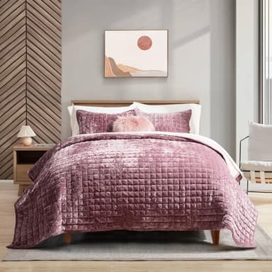 RECYCO Luxury Velvet Quilt Set Full Queen Size, Lightweight Velvet Comforter Set, Oversized Bedspread Coverlet Quilted Bedding Set, with 2 Matching Pillow Shams, for All Season, Dusty Mauve Pink - Image 1