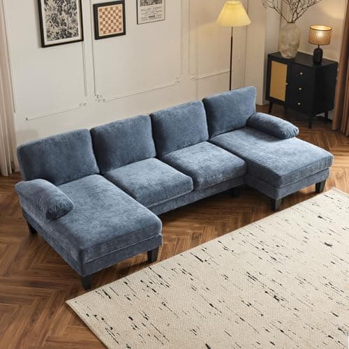 VINGLI 110" Sectional Couches for Living Room,U Shaped Couch with Double Chaise, 4-Seat Sofa Set with Corduroy Fabric for Home Furniture,Ocean Blue - Image 1