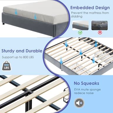 BedsPick Queen Size Bed Frame with LED Lights, Velvet Upholstered Platform Queen Bed Frame with 2 Storage Drawers and Adjustable Headboard, No Box Spring Needed Queen Bedframe, Noise Free, Light Grey - Image 7