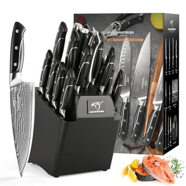 18 Pieces Damascus Kitchen Knife Set, 8 Piece Steak Knives, Non-slip ABS Ergonomic Triple Rivet Handle for Meat Fork, Knife Sharpener and Shears, 17 Slots Wooden Knife Block - Image 7
