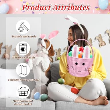 Brbecon Easter Bunny Basket for Kids with Name Tag, Pink Small Woven Easter Basket for Girls, Easter Egg Hunt Baskets Bags Easter Gifts Basket for Girls Baby Kids Children 9.8 x 7.8 x 7.8" - Image 4