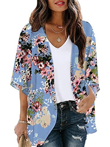Chunoy Women Casual Sheer Floral Kimono Cardigan Half Sleeve Chiffon Shawl Beach Wear Loose Cover Up Top Blue Large - Image 1