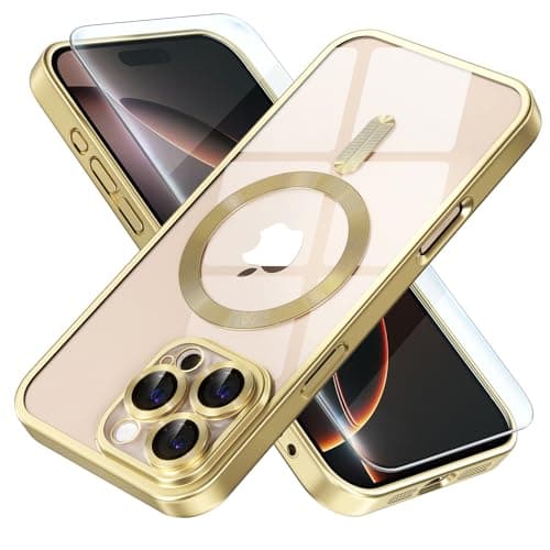 Misea Magnetic for iPhone 16 Pro Max Case Compatible with MagSafe [Never Yellowing] [Military Grade Drop Protection] Full Camera Lens Protector Plating Soft Clear Phone Case for Women, Titanium Gold - Image 1