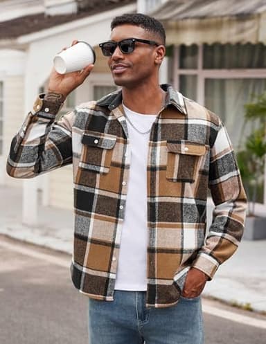 COOFANDY Men's Plaid Jacket Button Up Jacket Overshirt Fall Fashion Shirt with Pockets Khaki - Image 2