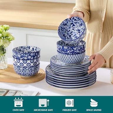 vancasso SELENE Plates and Bowls Set for 6, 18 Pieces Dinnerware Sets, Mircowave and Dishwasher Safe Dishes Set, Porcelain Blue Dinnerware - Image 3