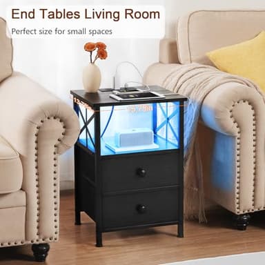 AMHANCIBLE Night Stand Set 2, LED Nightstand with Charging Station, End Tables Living Room with Fabric Drawers, Bedside Table for Bedroom, Black, HET052LBK - Image 8