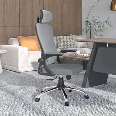 VECELO High Back Mesh Office Desk Chai with Lumbar Support & Headrest, 360° Swivel Wheels, Flip-up Armrest, Height Adjustable - Image 2