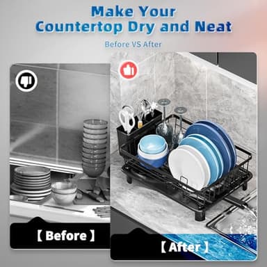 GAOKASE Dish Drying Rack, Space-Saving Dish Rack, Dish Racks for Kitchen Counter, Kitchen Dish Drainers with Removable Utensil Holder, Plate Rack and Drainboard, 11''W x 15''L, Black - Image 5