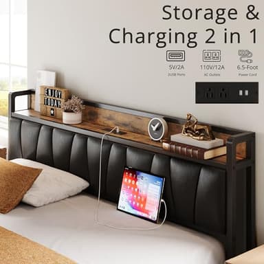 LIKIMIO California King Bed Frame, Storage Headboard with Charging Station, Solid and Stable, Noise Free, No Box Spring Needed, Easy Assembly (Vintage and Black) - Image 3
