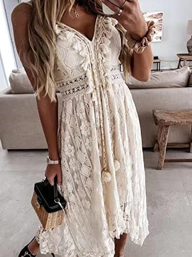 CUPSHE Women's Summer Dresses Sleeveless Lace Casual Tassel Beach Spaghetti Straps Flowy Maxi Sun Dress Beige, XXL - Image 3
