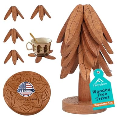 Wooden Tree Trivet Set,4 Wooden Trivets and 1 Stand,Trivets for Hot Pots and Pans, Foldable Kitchen Wooden Tree Coasters for Hot Bowl&Teapot,5 Gifts Set - Image 1