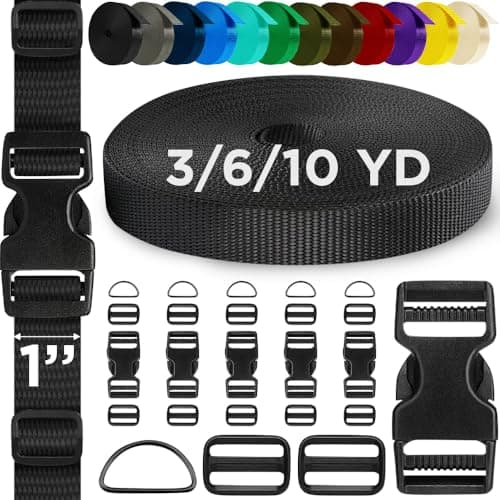 TECEUM Buckles & Strap Kit – 1" Black Nylon Webbing 6 (yd) – 6 Heavy Duty Adjustable Plastic Buckles – 12 Tri-Glide Slide Clips – 6 Metal D-Ring – Ideal Straps for Arts Crafts Outdoors Indoors DIY - Image 1