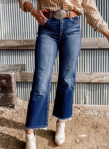 Astylish Flared Jeans for Women Trendy High Waisted Wide Leg Jeans Baggy Stretchy Raw Hem Cropped Denim Pants Size 10 Bluing - Image 4