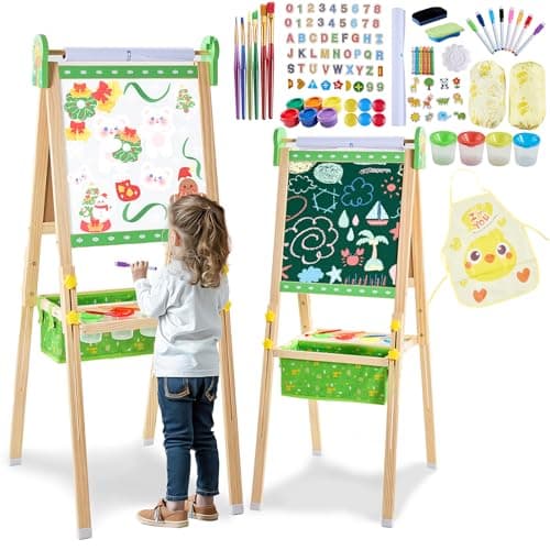 Art Easel for Kids, Painting Easels for Toddlers, Wooden Drawing Easel with Paper Roll, Adjustable Painting Station Magnetic Chalkboard & Whiteboard, Foldable Standing Easel for Boys Girls Ages 3-12 - Image 1