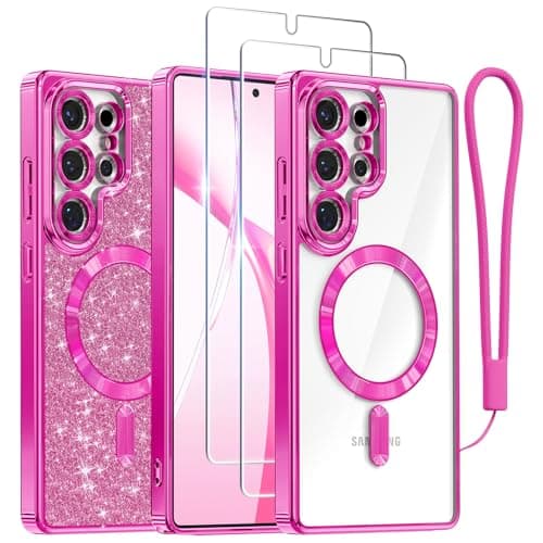 Meifigno Case Designed for Samsung Galaxy S25 Ultra 6.9 inch, [Compatible with MagSafe] [2X HD Screen Protectors] [Glitter Card & Wrist Strap] Full Lens Protection Case for Galaxy S25 Ultra, Hot Pink - Image 1