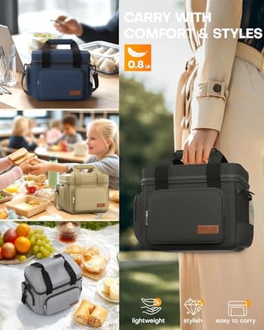 HOTOR Lunch Box for Men and Women - Leak-Proof Insulated Lunch Cooler Bag with Adjustable Strap, Multiple Pockets for Office, Picnic, Hiking, Beach, 1 Layer, 8L, Black, 9.8" x 8.7" x 5.9" - Image 6