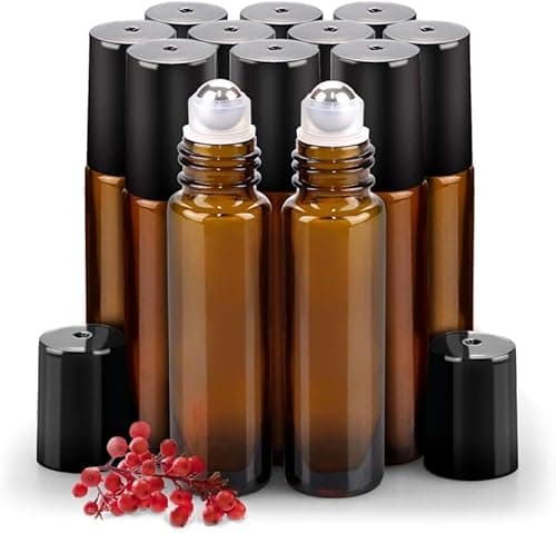 sungwoo 12 Pack Essential Oil Roller Bottles Stainless Steel, 10ml Amber Glass Roller Bottles with Caps for Travel, Perfume and Lip Gloss - Image 1