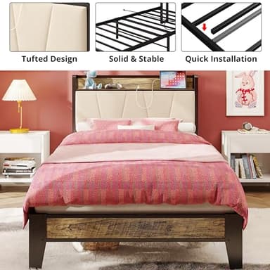 LIKIMIO Twin XL Bed Frames, Storage Headboard with Charging Station, Solid and Stable, Noise Free, No Box Spring Needed, Easy Assembly (Walnut and Beige) - Image 4