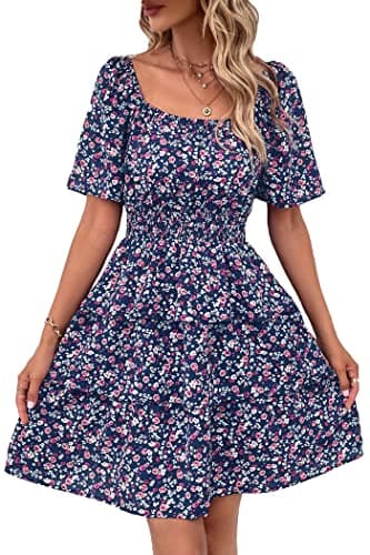 PRETTYGARDEN Women's 2025 Floral Summer Short Dress Square Neck Short Sleeve Tiered Ruffle Boho Swing Dresses (Blue Purple Floral,Medium) - Image 1