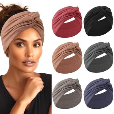 Extra Wide Headbands for Women, 7'' Large Cotton Like Turban Knotted Bandana Head Bands for Women Non Slip, Boho Headbands for Women's Hair (6Pcs Dark Colors, Extra Large 7" Wide) - Image 1