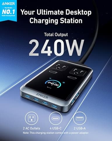 Anker Prime Charging Station, 240W 8-in-1 USB-C Power Strip, 5 ft Detachable Extension Cord, 2 AC, 4 USB-C, 2 USB-A, for iPhone 16/15, Desktop Accessory for MacBook, Home, Office (Not for Travel) - Image 2