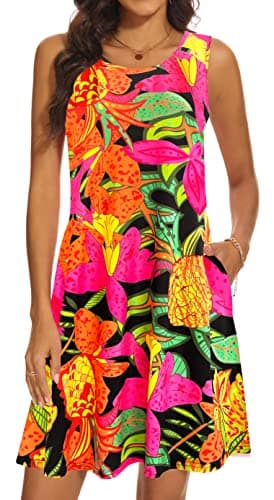 Summer Dresses for Women 2025 Casual Sundresses Beach Cover Ups Sleeveless Tshirt Swing Dress with Pockets Medium Pineapple - Image 1