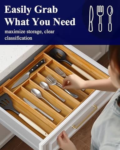 Kitsure Large Bamboo Silverware Organizer - Expandable Drawer Organizer for Utensil, Cutlery and Flatware, Kitchen Storage Solution with 6 to 8 Slots, Natural, 19.4" × 13.1" × 1.8" - Image 5