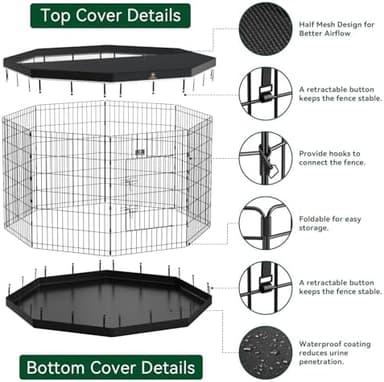 PJYuCien Dog Playpen, 8 Panels 42’’H Dog Pens Indoor with Bottom Pad and Top Cover, Metal Foldable Pet Puppy Exercise Fence Crate Kennel, Better for Medium and Big Animals,Black - Image 6