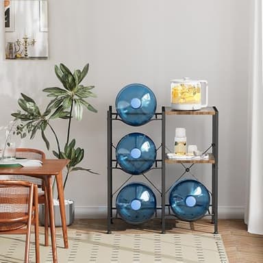 Housolution 2-Tier 5 Gallon Water Jug Holder with 2 Layers Wood Storage Shelves and 4 Slots, 5 Gallon Water Bottle Holder, Water Jug Stand, Water Jug Rack for Kitchen Office Living Room, Brown - Image 6