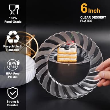 U-QE 100 Pieces Clear Plastic Plates-6 Inch Plastic Dessert Plates Disposable - Washable & Reusable - Premium Hard Clear Plates Fancy Disposable Heavy Duty Plastic Plates for Party,Weddings and Events - Image 3