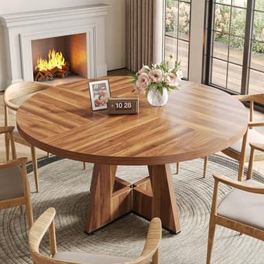 LITTLE TREE Round Dining Table for 4-6 People, 47 Inches Dining Room Table with Wooden Pedestal Base, Brown Dinner Tables, Circle Kitchen Tables for Dining Room, Kitchen, Living Room(Table Only) - Image 2