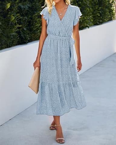 BTFBM Women Summer Bohemian Floral Casual Wrap V Neck Ruffle Cap Sleeveless Belt A-Line Pleated Hem Swing Midi Sun Dress (Light Blue, XX-Large) - Image 6