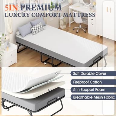 INTERGREAT Folding Bed, 75" x 31"Cot Size Portable Folding Beds for Adults, Metal Foldable Bed on Wheels for Guest, Space Saving Roll Away Beds for Easy Storage - Image 4