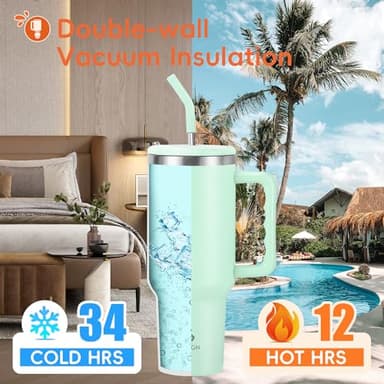 VUSIGN 40 oz Tumbler with Handle and Straw Lid, Stainless Steel Vacuum Insulated Tumbler Travel Mug Water Bottle Cup for Water Iced Tea Coffee Smoothie Car, Light Green - Image 2