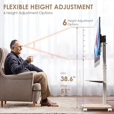 Neothm Rolling TV Stand with Power Outlet for 32-75 Inch TVs up to 110 lbs, Tilt & Swivel Mobile TV Stand on Wheels Portrait Height Adjustable Mobile TV Cart with Wood Shelf, Max VESA 600x400mm White - Image 5