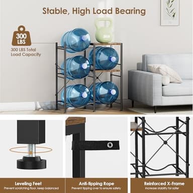 Housolution 2-Tier 5 Gallon Water Jug Holder with 2 Layers Wood Storage Shelves and 4 Slots, 5 Gallon Water Bottle Holder, Water Jug Stand, Water Jug Rack for Kitchen Office Living Room, Brown - Image 3
