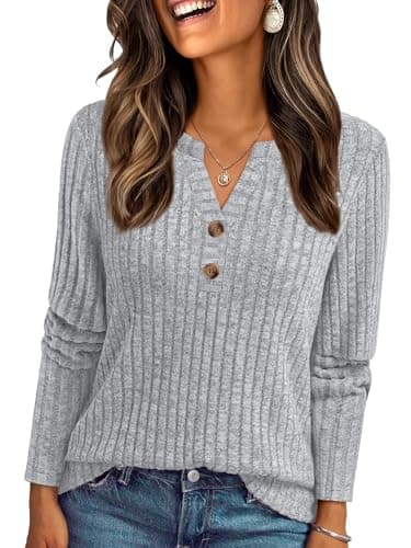 AUTOMET Women's Long Sleeve Henley Shirts Fall Lightweight Sweaters Dressy Casual Tunic Tops Fashion Clothes 2025 Grey XL - Image 1